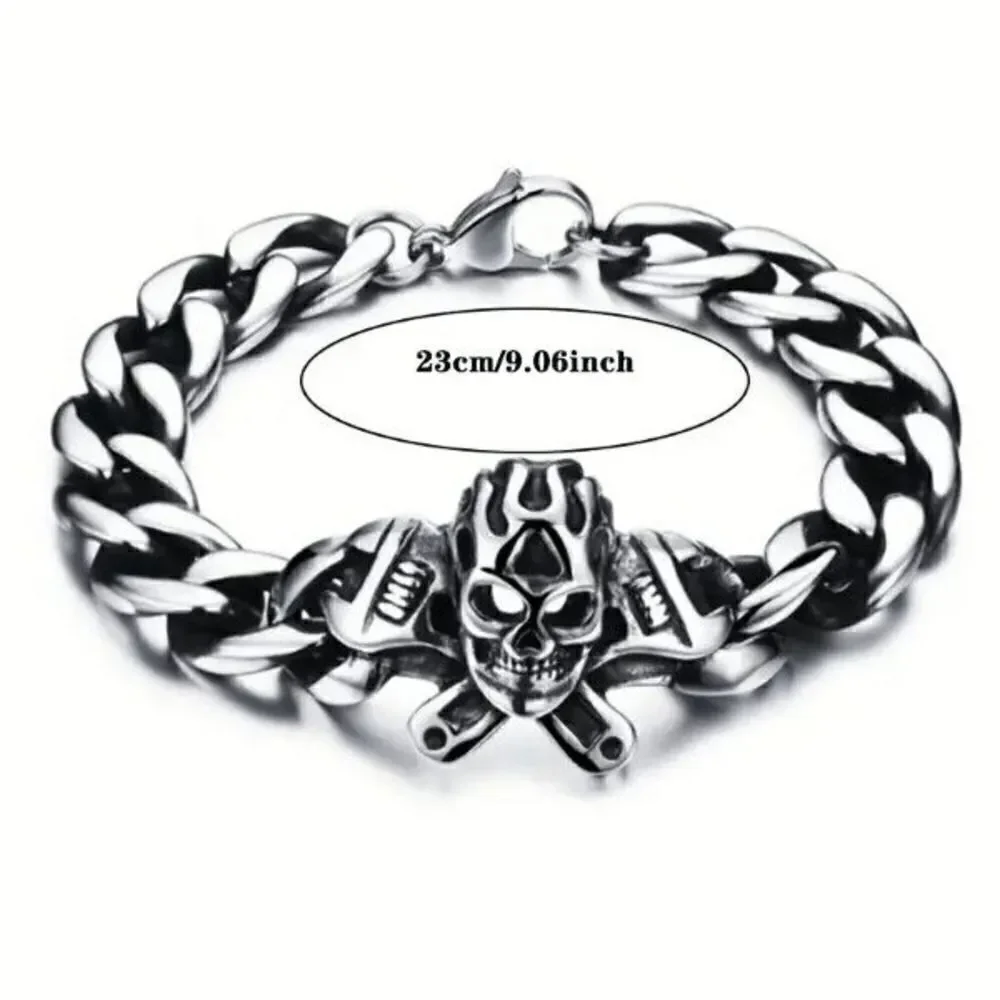 Minimalist Retro Gothic Stainless Steel Flamming Skull Bracelet